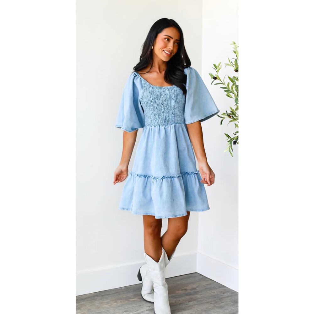 Mikarose Chambray Blue Denim Knee Length Smocked Bodice Flutter Sleeve NWT Sz XL - Picture 6 of 6